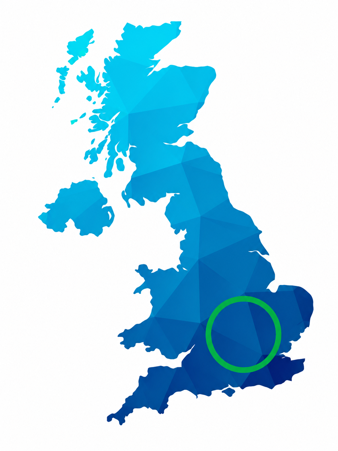 Map of the United Kingdom highlighting the London, South East and Oxford to Cambridge arc region where ICA operates.
